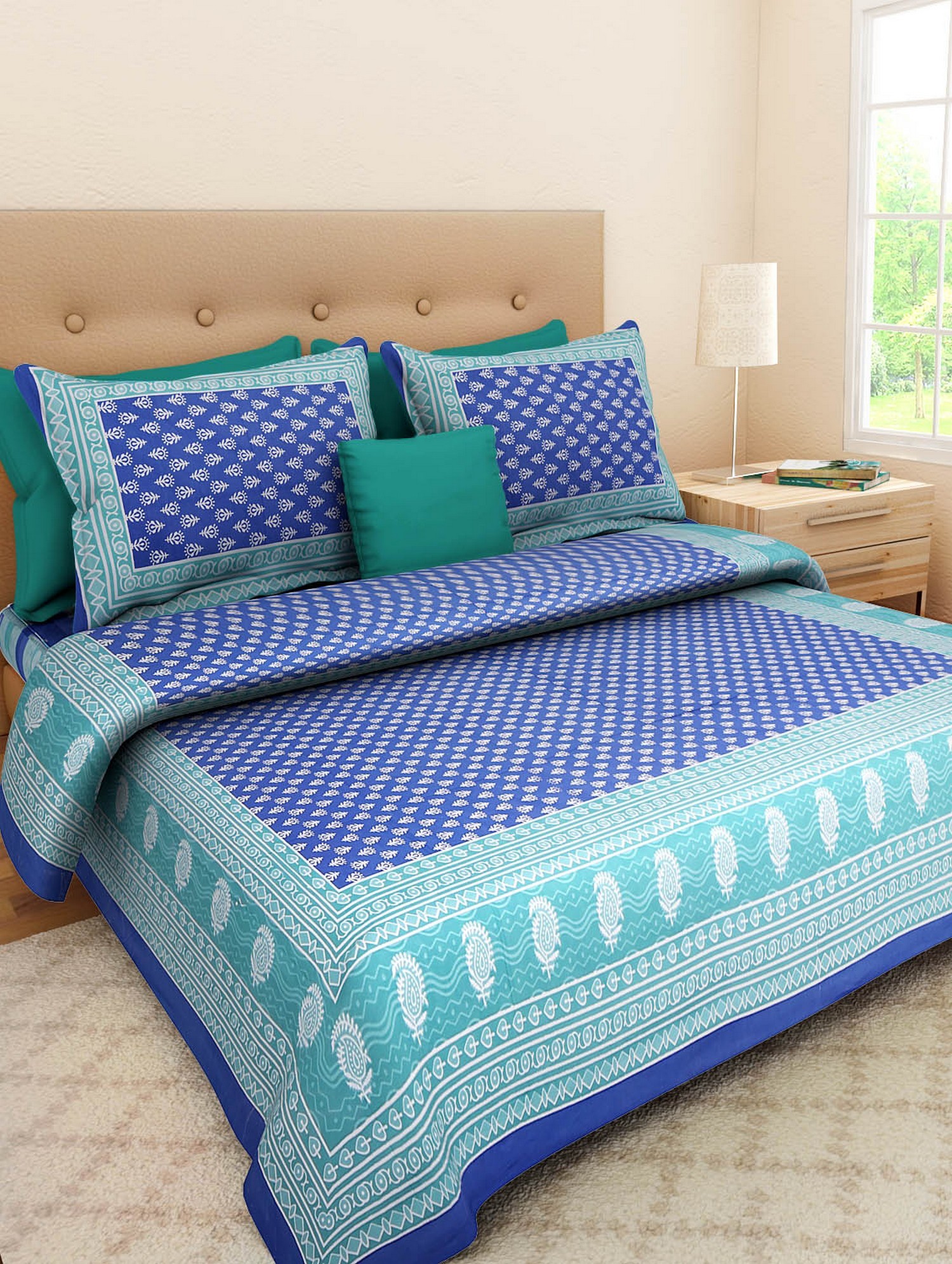 Decorative Cotton Bedspread - 100% Cotton, King Size 2286 X 2743.2 Mm, Multi Color, 240 Thread Count, Includes 2 Pillow Covers, Washable, Fluffy, Hand-block Printed Design