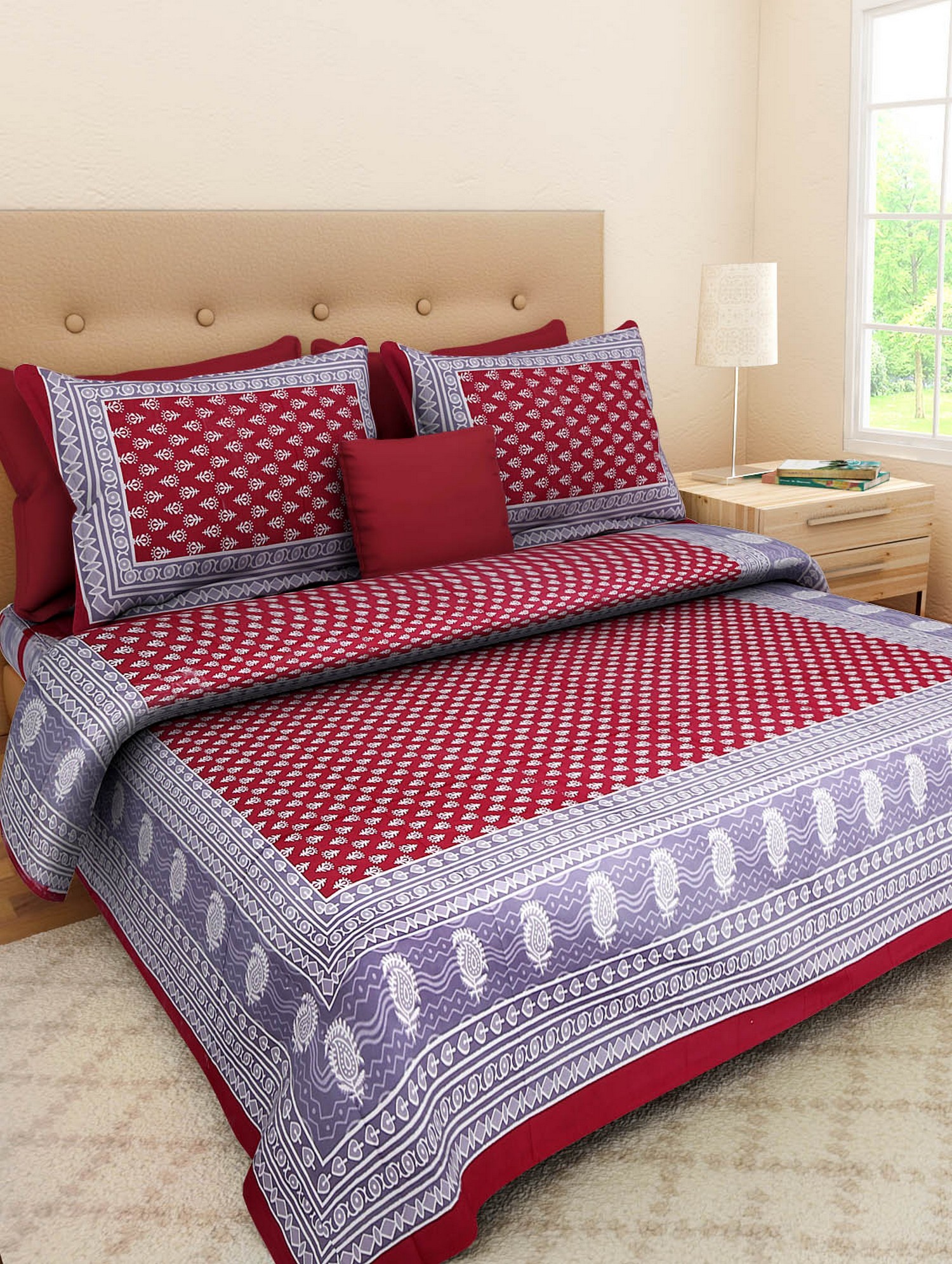Decorative Cotton Bedspread - 100% Cotton, King Size 2286 X 2743.2 Mm, Multi Color, 240 Thread Count, Includes 2 Pillow Covers, Washable, Fluffy, Hand-block Printed Design