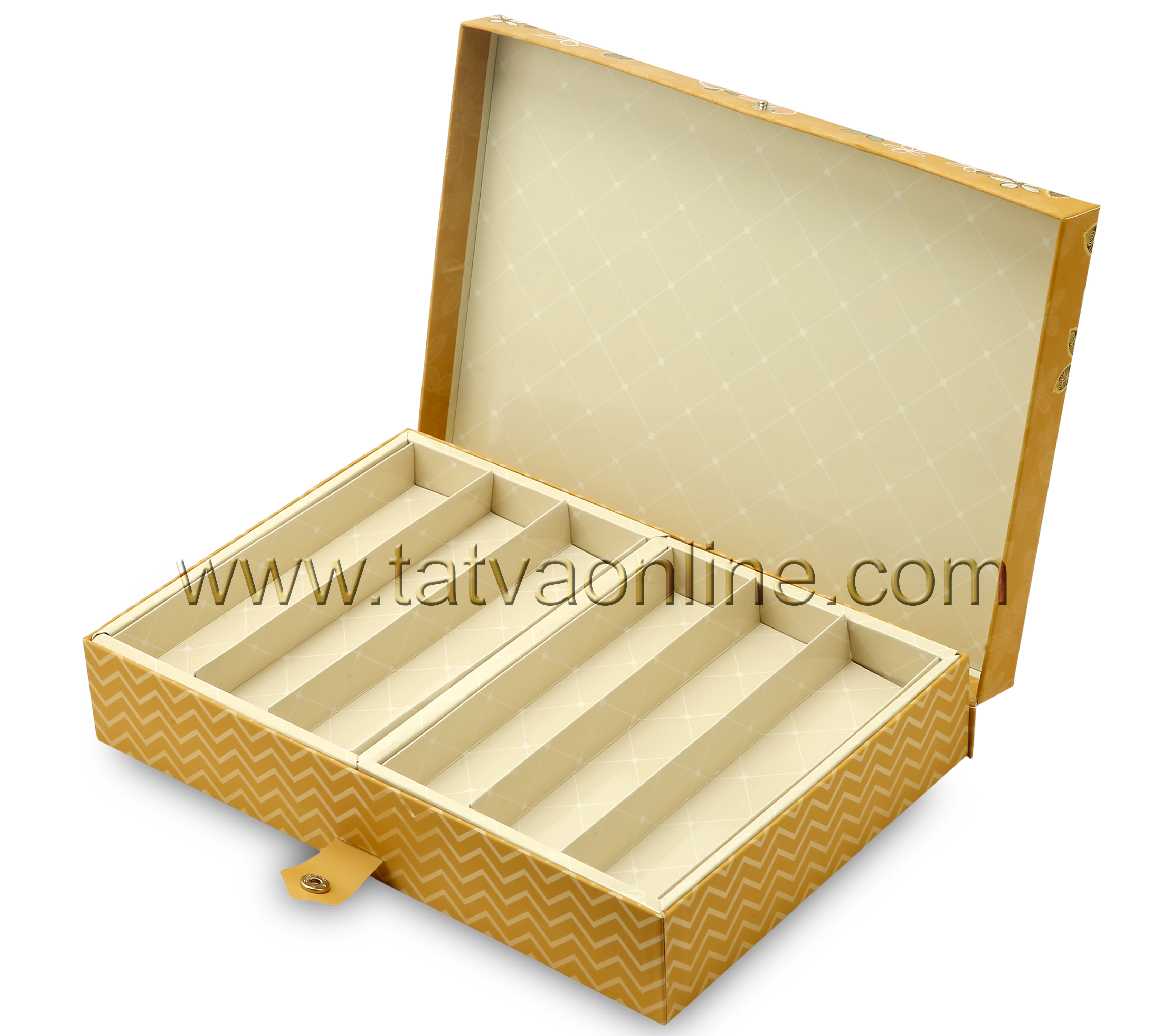 Decorative Box - Solid Paper Board, Rectangular 2-7 Inch, Gold Color | Designer Dry Fruit & Sweet Gift Box With Unique Button Closure System