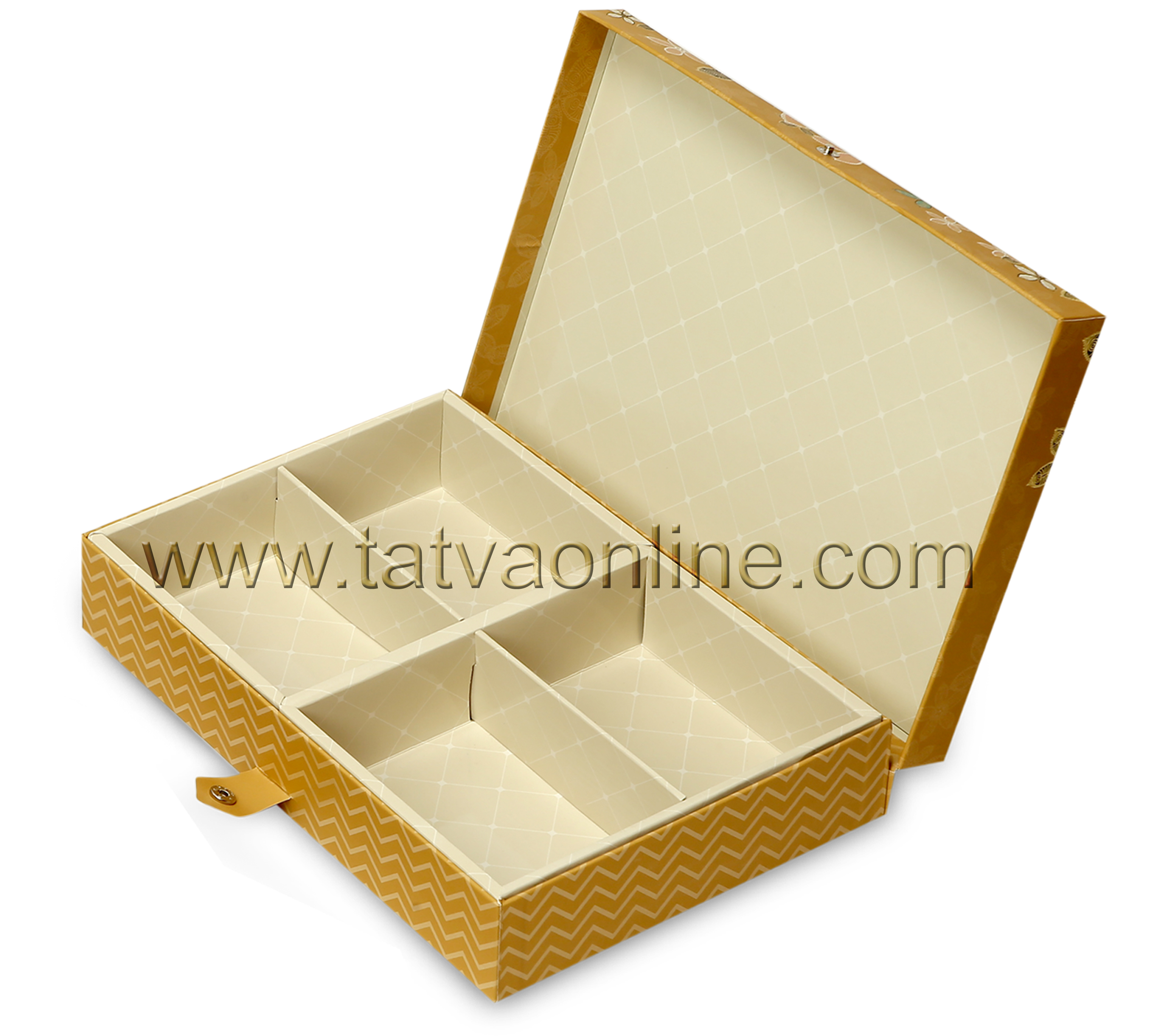 Decorative Box - Solid Paper Board, Rectangular 2-7 Inch, Gold Color | Designer Dry Fruit & Sweet Gift Box With Unique Button Closure System