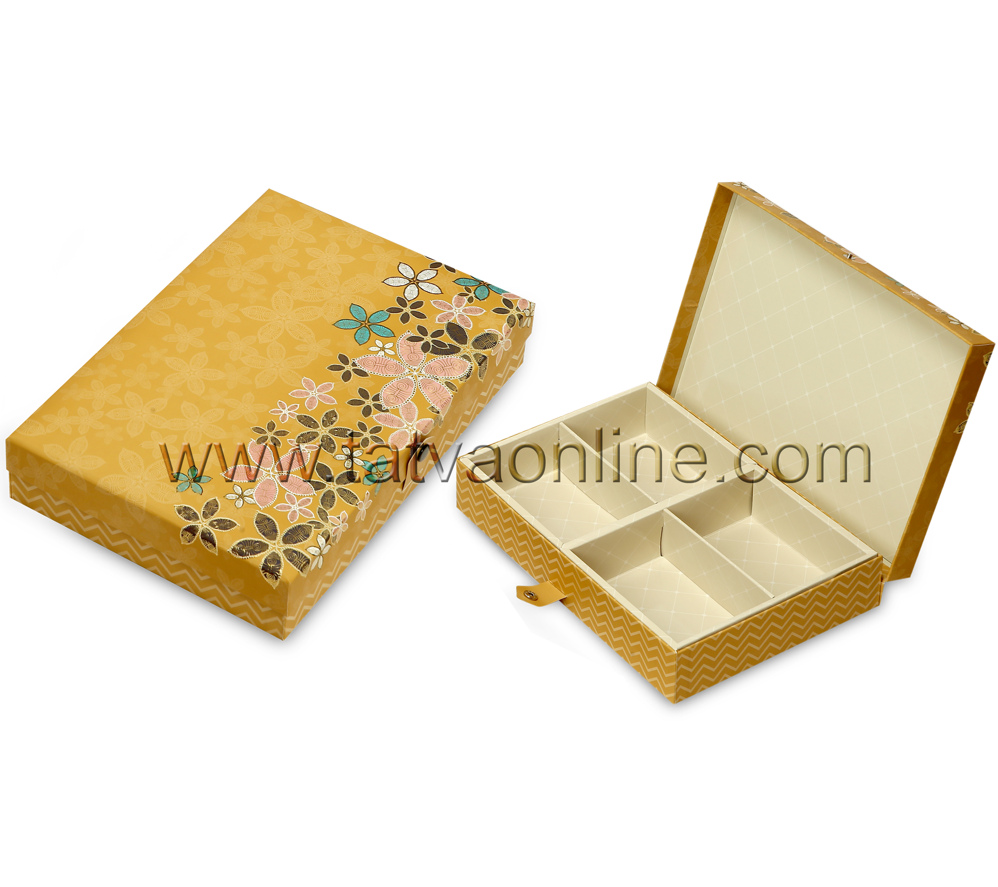 Decorative Box - Solid Paper Board, Rectangular 2-7 Inch, Gold Color | Designer Dry Fruit & Sweet Gift Box With Unique Button Closure System