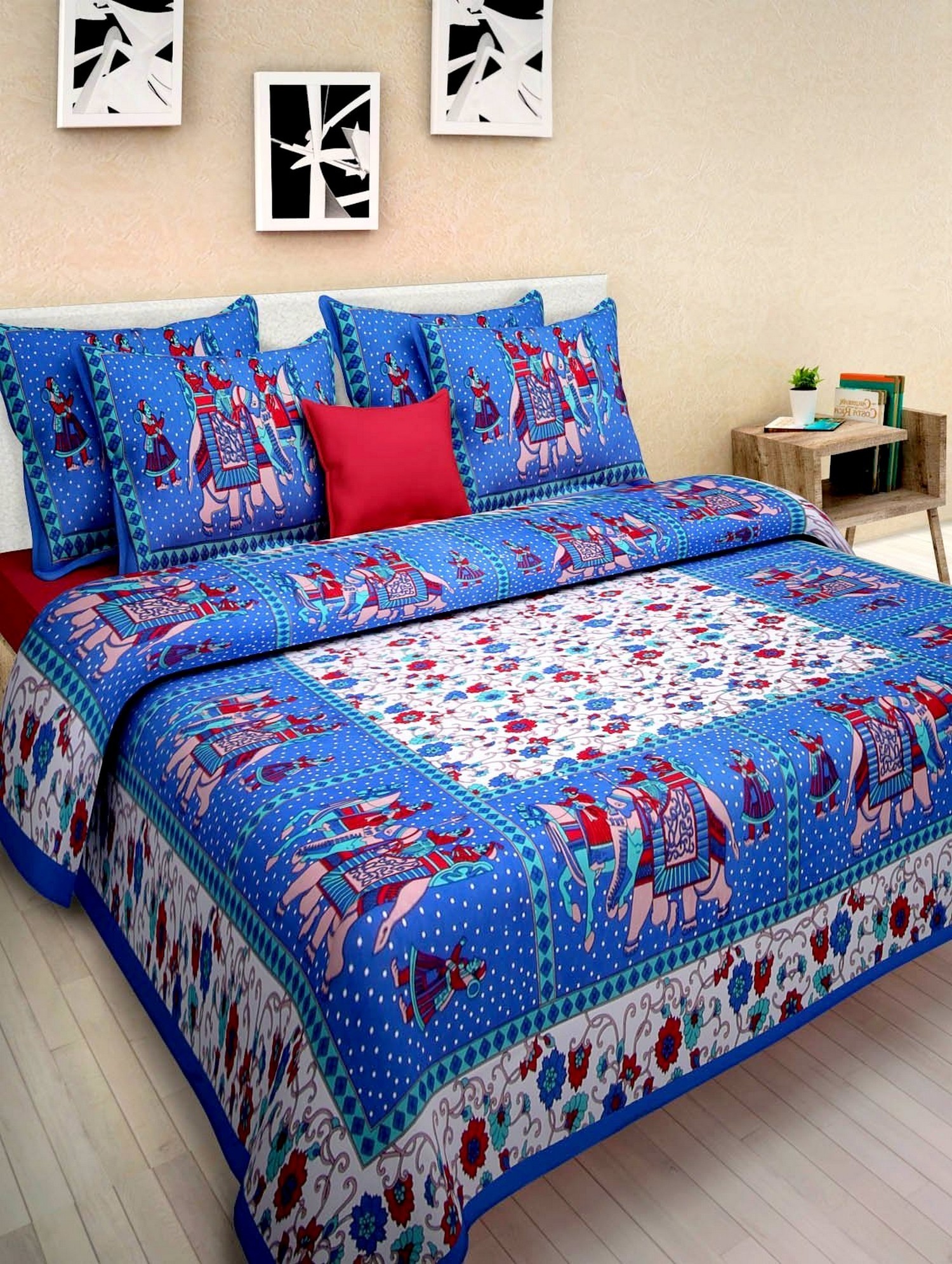 King Size Cotton Bed Sheet - 100% Cotton, Double Bed Size 2286 X 2743.2 Mm, Multi-color Hand-block Prints, Includes 2 Matching Pillow Covers