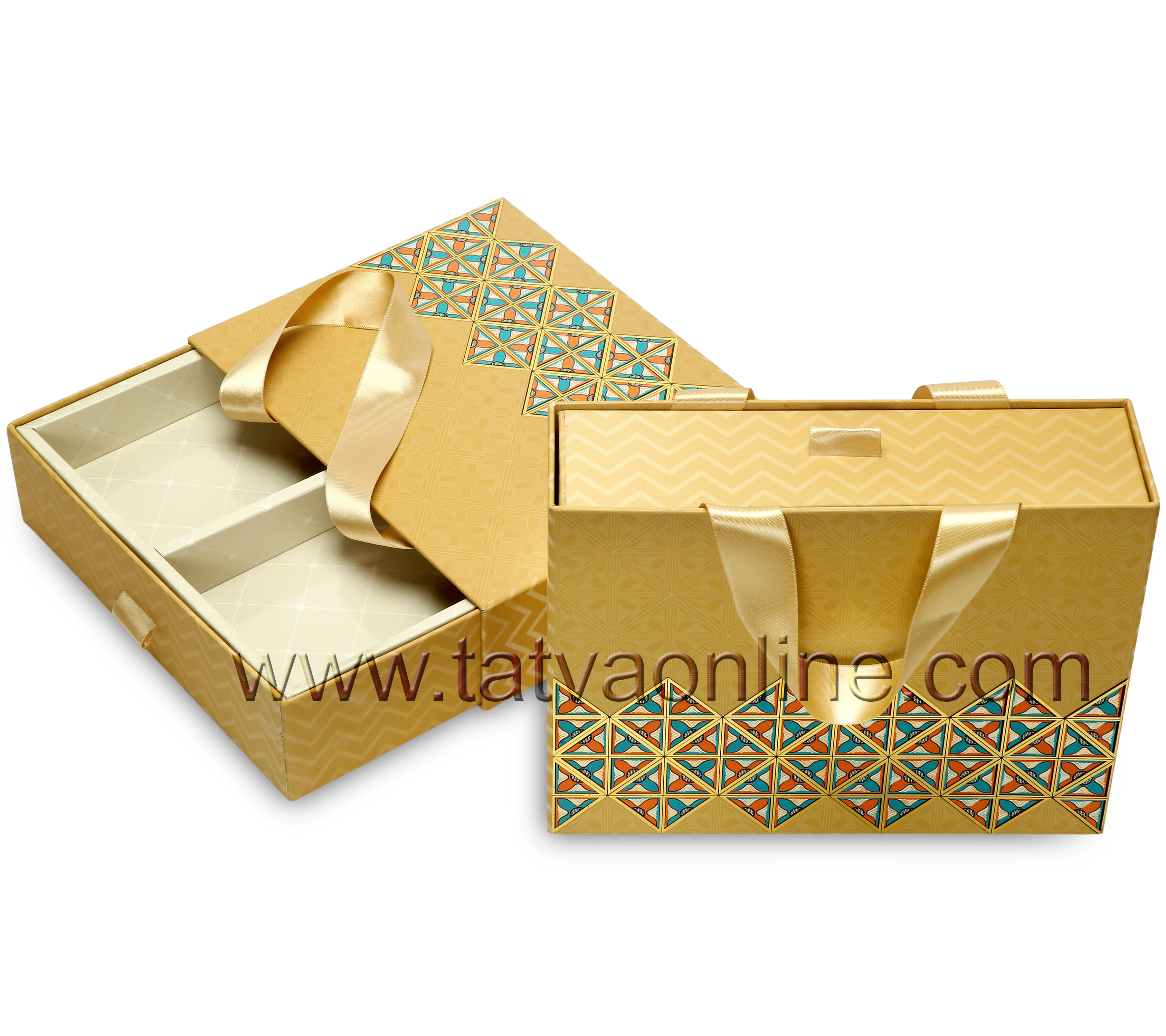 Designer Dry Fruit Box - Rigid Paper Board, 2-6 Inch, Gold Color | Opaque, Decorative With Satin Handles, Multi-use For Gifting