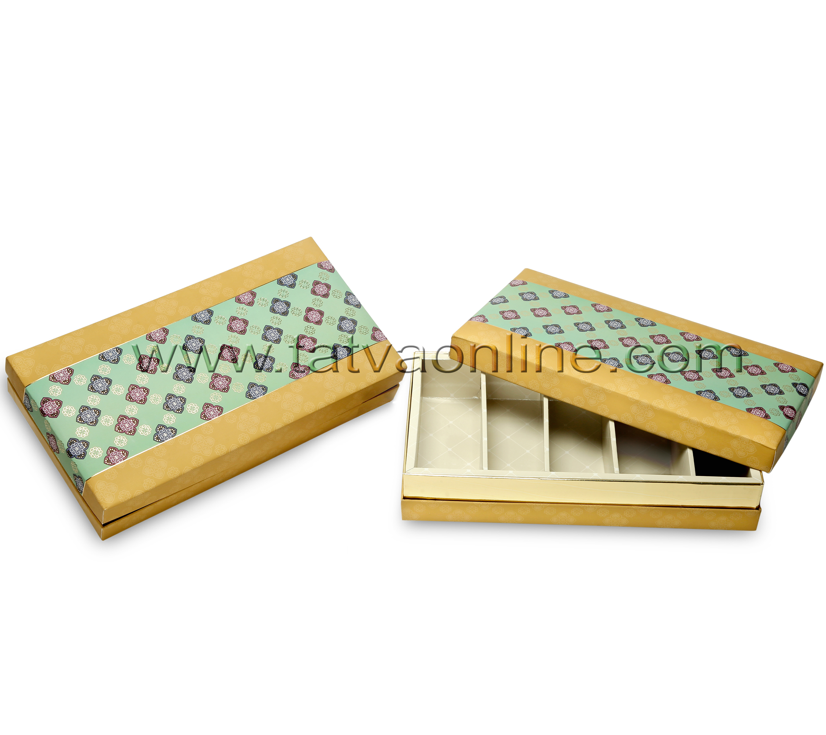 Designer Dry Fruit Gift Boxes - Paper Board, 2-6 Inch Rectangular, Gold Color | Rigid With 5 Partitions, Multi-use For Dry Fruits Or Chocolates
