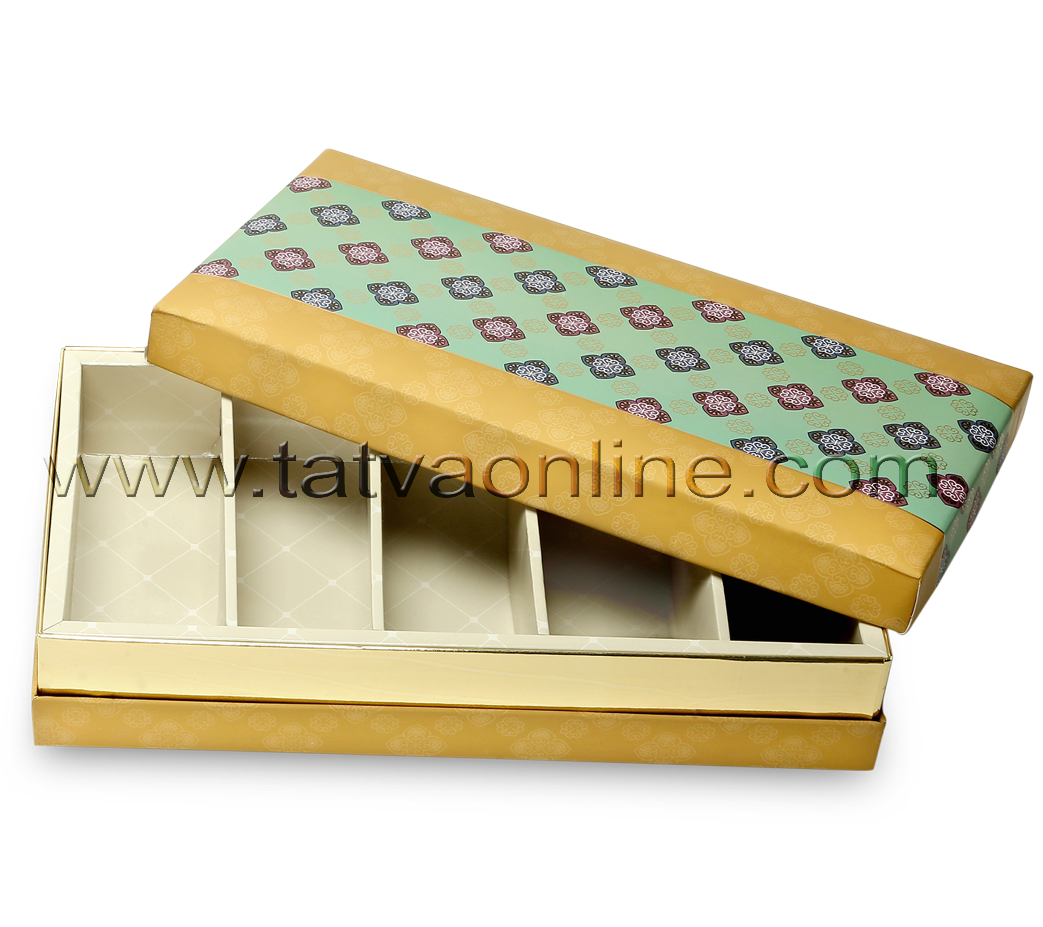 Designer Dry Fruit Gift Boxes - Paper Board, 2-6 Inch Rectangular, Gold Color | Rigid With 5 Partitions, Multi-use For Dry Fruits Or Chocolates