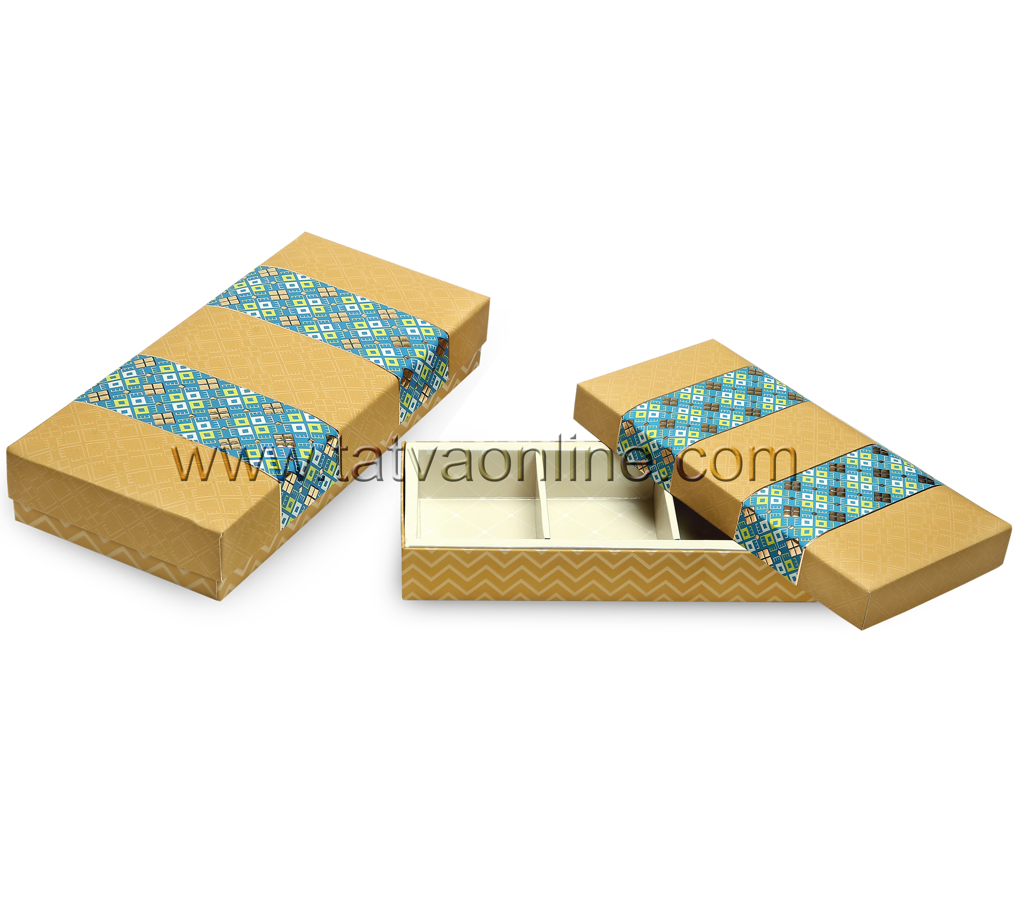 Small Mithai Box - Paper Board, 25.3x11.5x3.9 Cm, Gold Color | 3 Partitions For Flexible Use, Customizable For Dry Fruits, Chocolates, Mithai