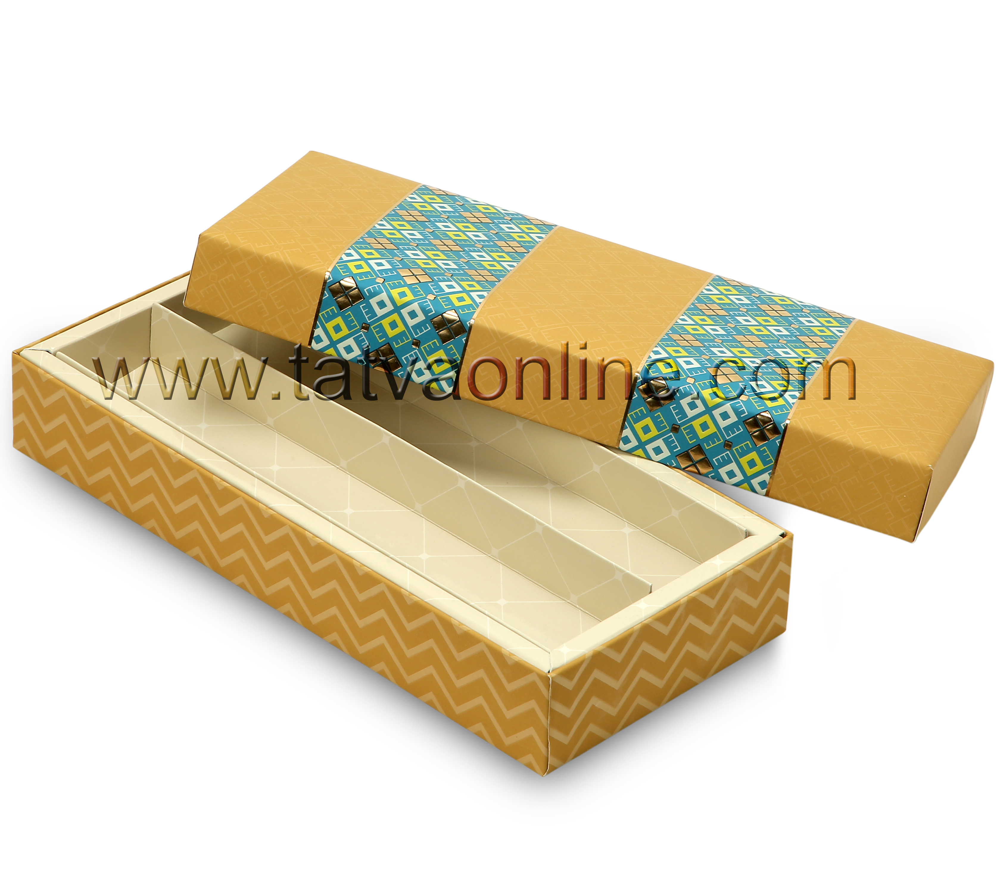 Small Mithai Box - Paper Board, 25.3x11.5x3.9 Cm, Gold Color | 3 Partitions For Flexible Use, Customizable For Dry Fruits, Chocolates, Mithai