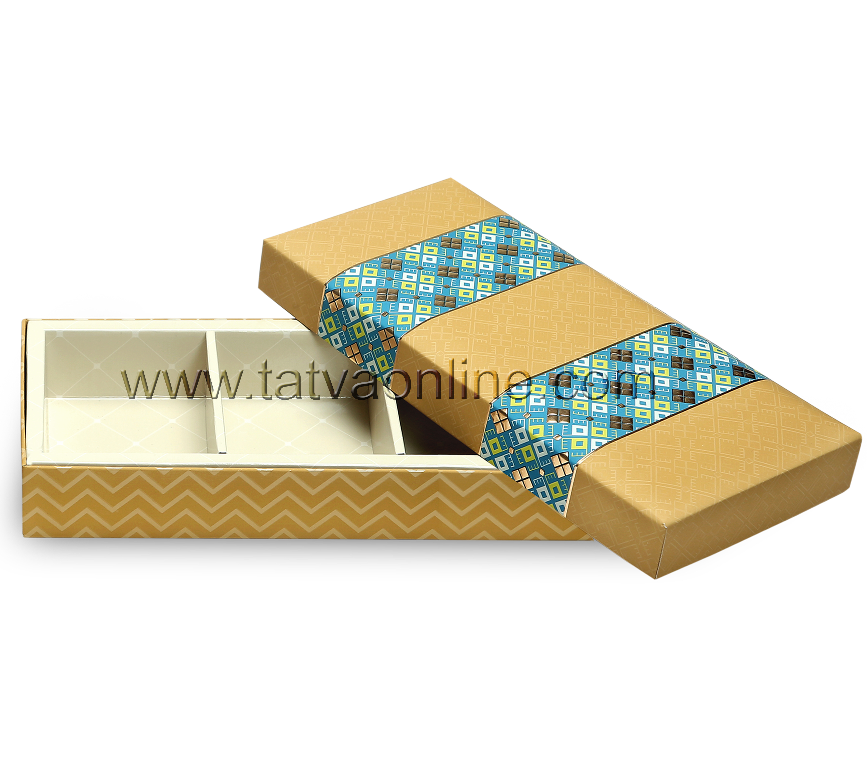 Small Mithai Box - Paper Board, 25.3x11.5x3.9 Cm, Gold Color | 3 Partitions For Flexible Use, Customizable For Dry Fruits, Chocolates, Mithai