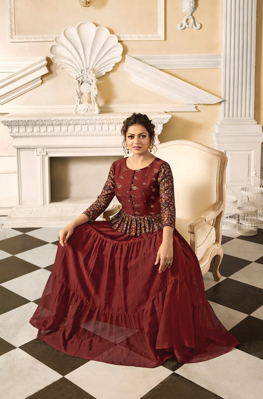 Designer Long Anarkali Kurtis - Georgette Fabric, 50 Inch Length, Yellow Color | Full Sleeves, Embroidered Pattern, Available In Xl And Xxl