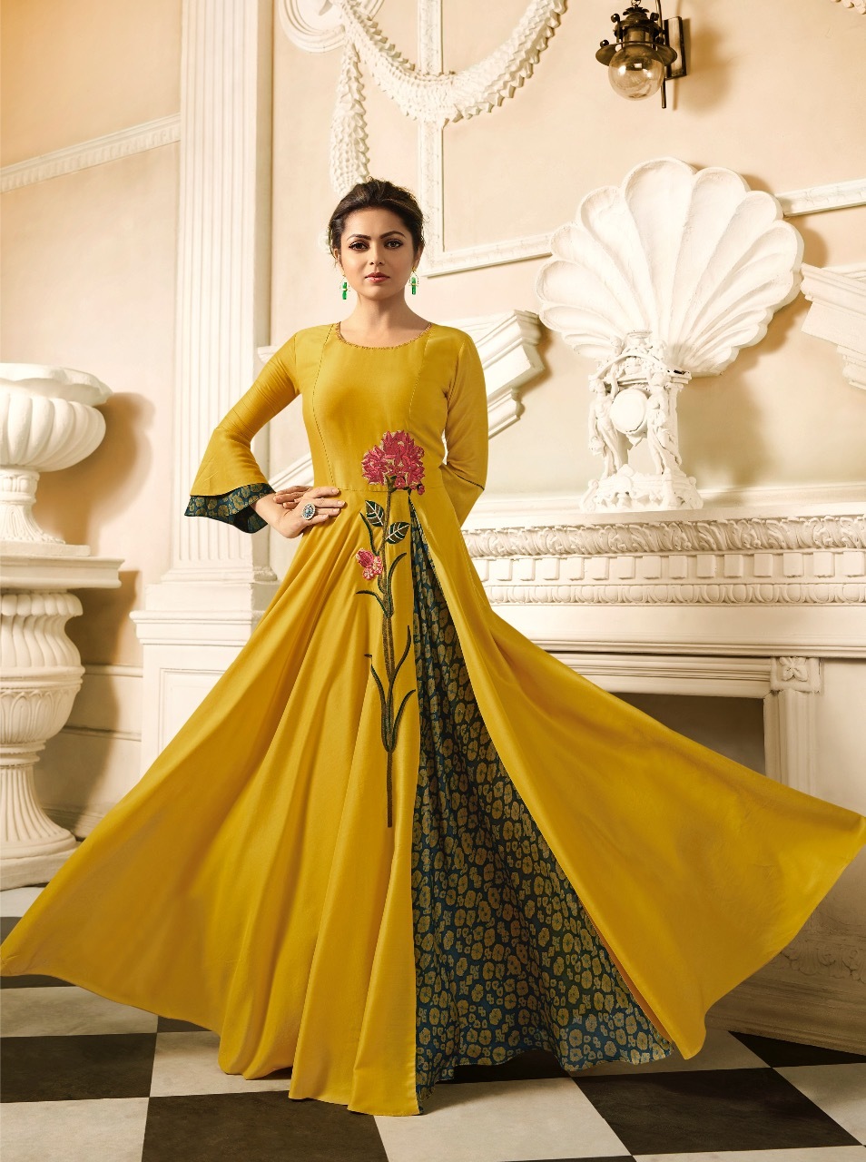 Designer Long Anarkali Kurtis - Georgette Fabric, 50 Inch Length, Yellow Color | Full Sleeves, Embroidered Pattern, Available In Xl And Xxl