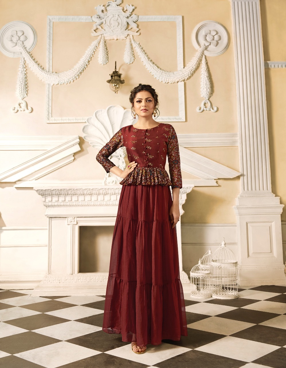 Designer Long Anarkali Kurtis - Georgette Fabric, 50 Inch Length, Yellow Color | Full Sleeves, Embroidered Pattern, Available In Xl And Xxl