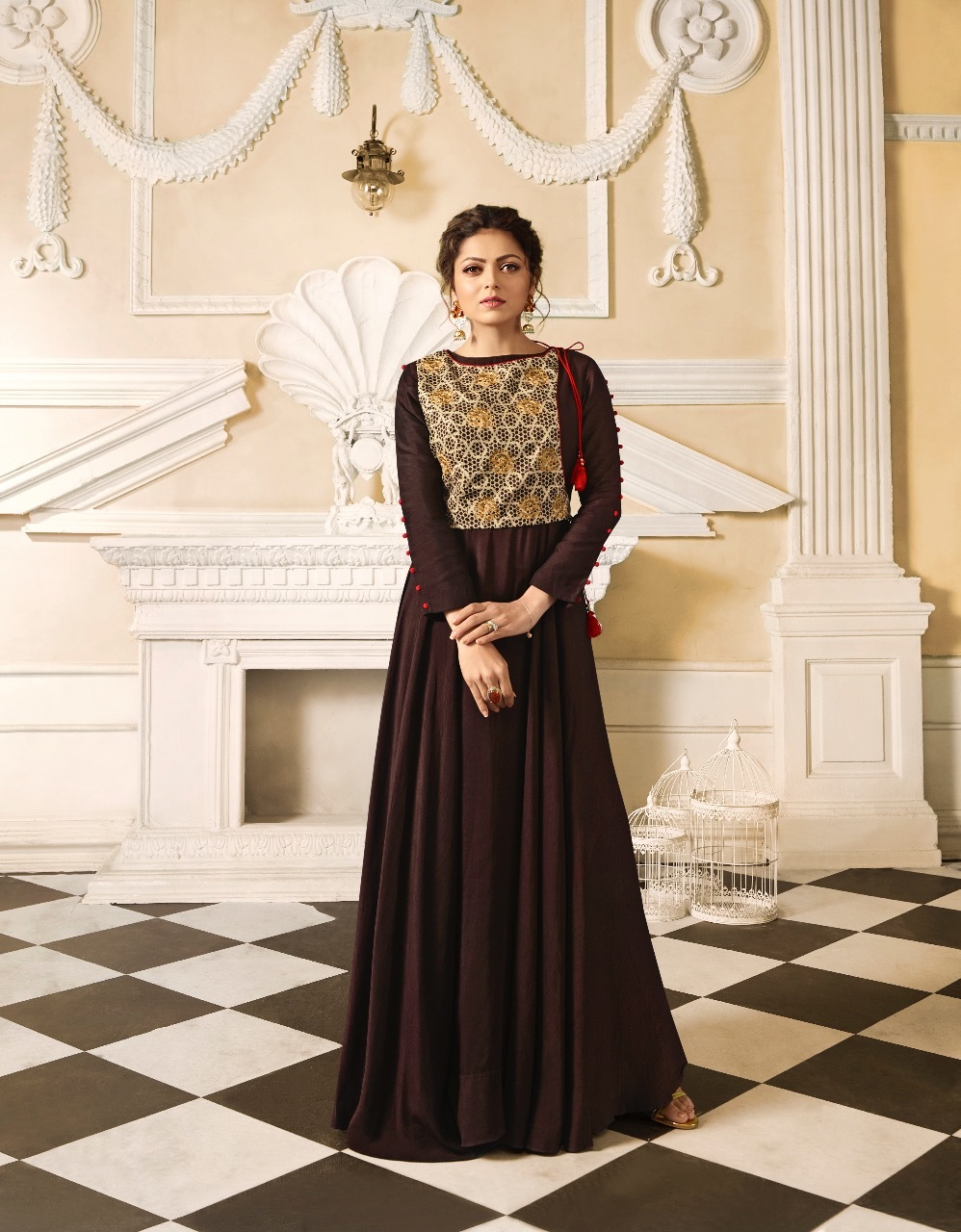 Designer Long Anarkali Kurtis - Georgette Fabric, 50 Inch Length, Yellow Color | Full Sleeves, Embroidered Pattern, Available In Xl And Xxl