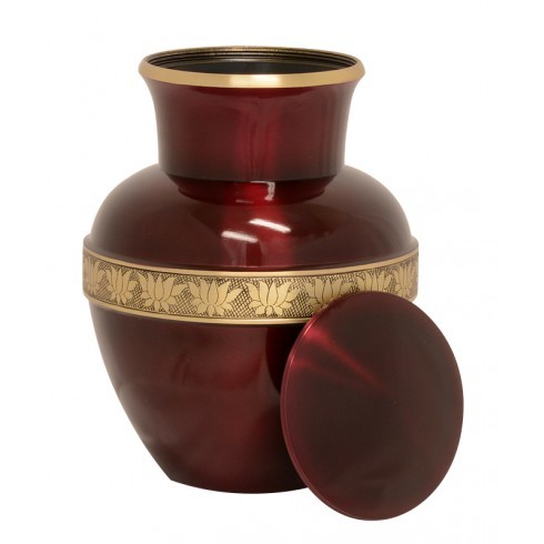 Beautiful Red Lotus Brass Ash Urn - 10" Height, 210 Cubic Inches | Shiny Red & Gold Finish, Engravable Medallion, Decorative Velvet Bag Option