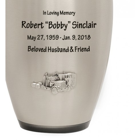 Black & Silver Gorgious Two Big Rig Trucks Pewter Urn