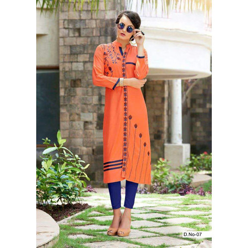 Ladies Georgette Long Kurti - Rayon, Sizes L, M, XL | Festive Orange & Blue, Beaded Pattern, Casual Style