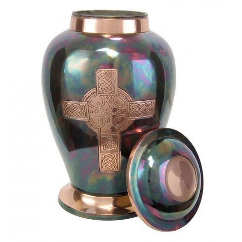 Green Celtic Cross Raku Brass Cremation Urn