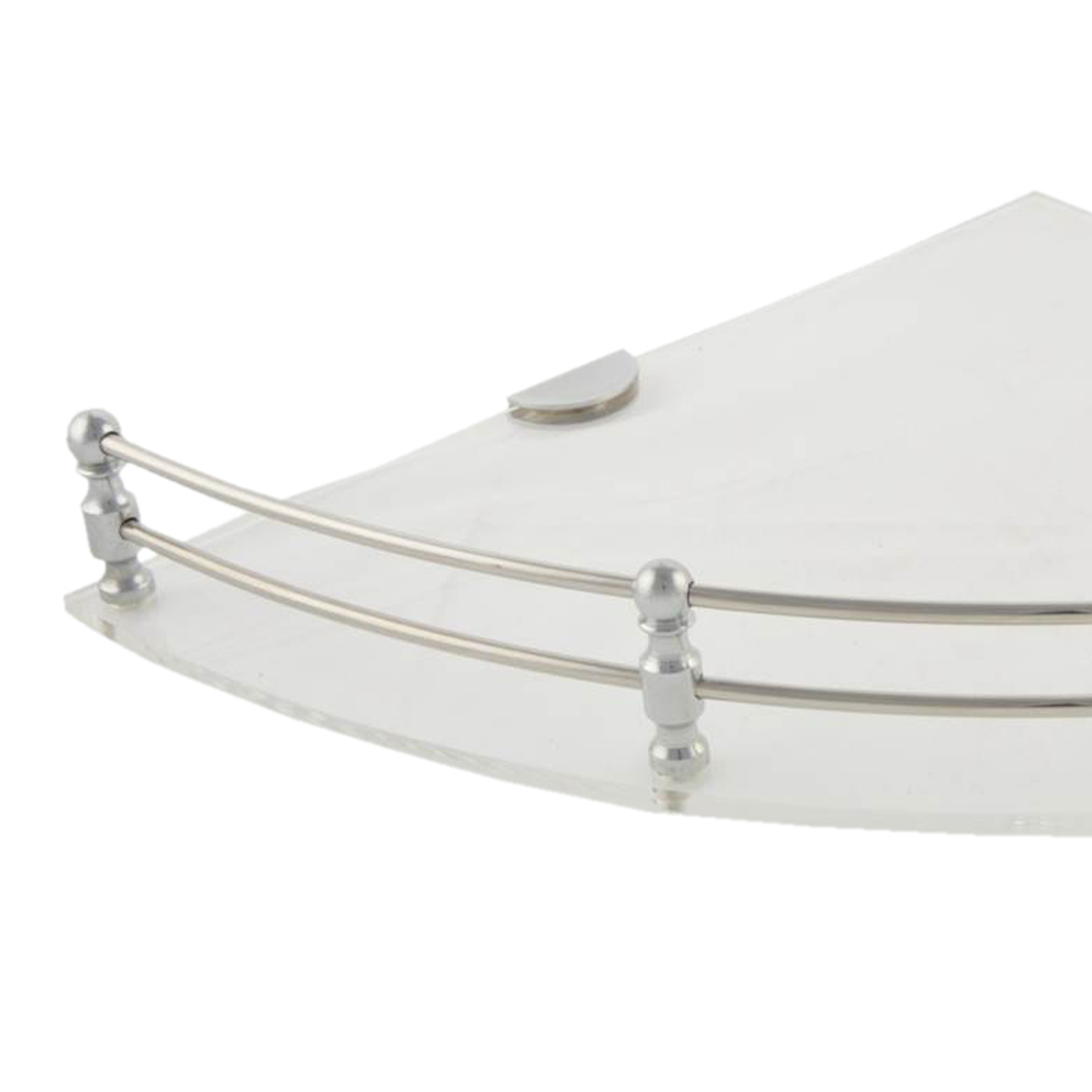 Acrylic Corner Shelf - Acrylic Plate, 12 X 12 Inch, White Color, Stylish Heavy Stainless Steel Railing, Modern Bathroom Utility Shelf