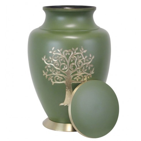 Loving Heart Family Tree Cremation Urn - Brass Metal, 10 3/4" Height, Matte Olive Green With Gold Trim - Engraved Family Tree Design