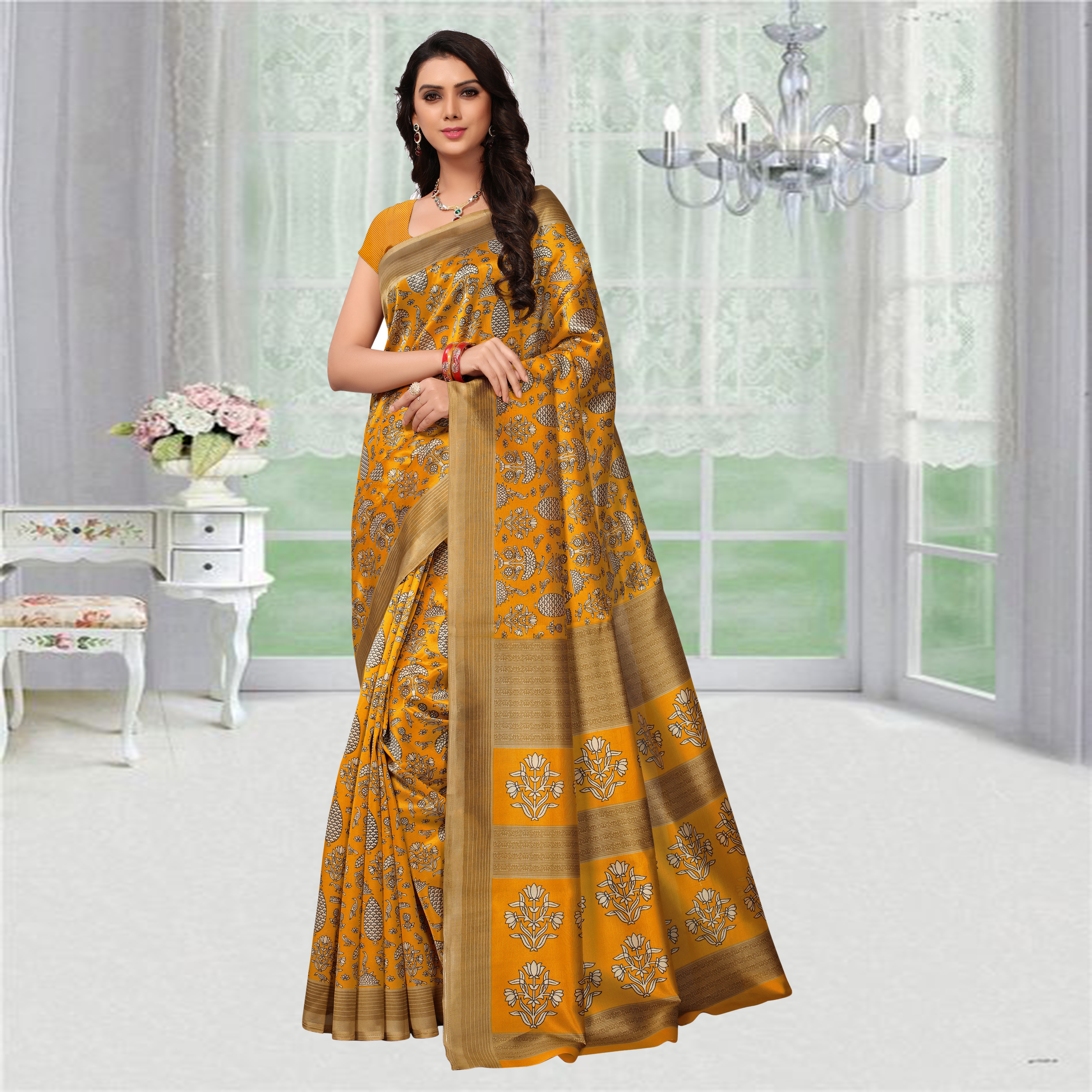 Red And Brown Kalmakari Printed Mysore Silk Saree