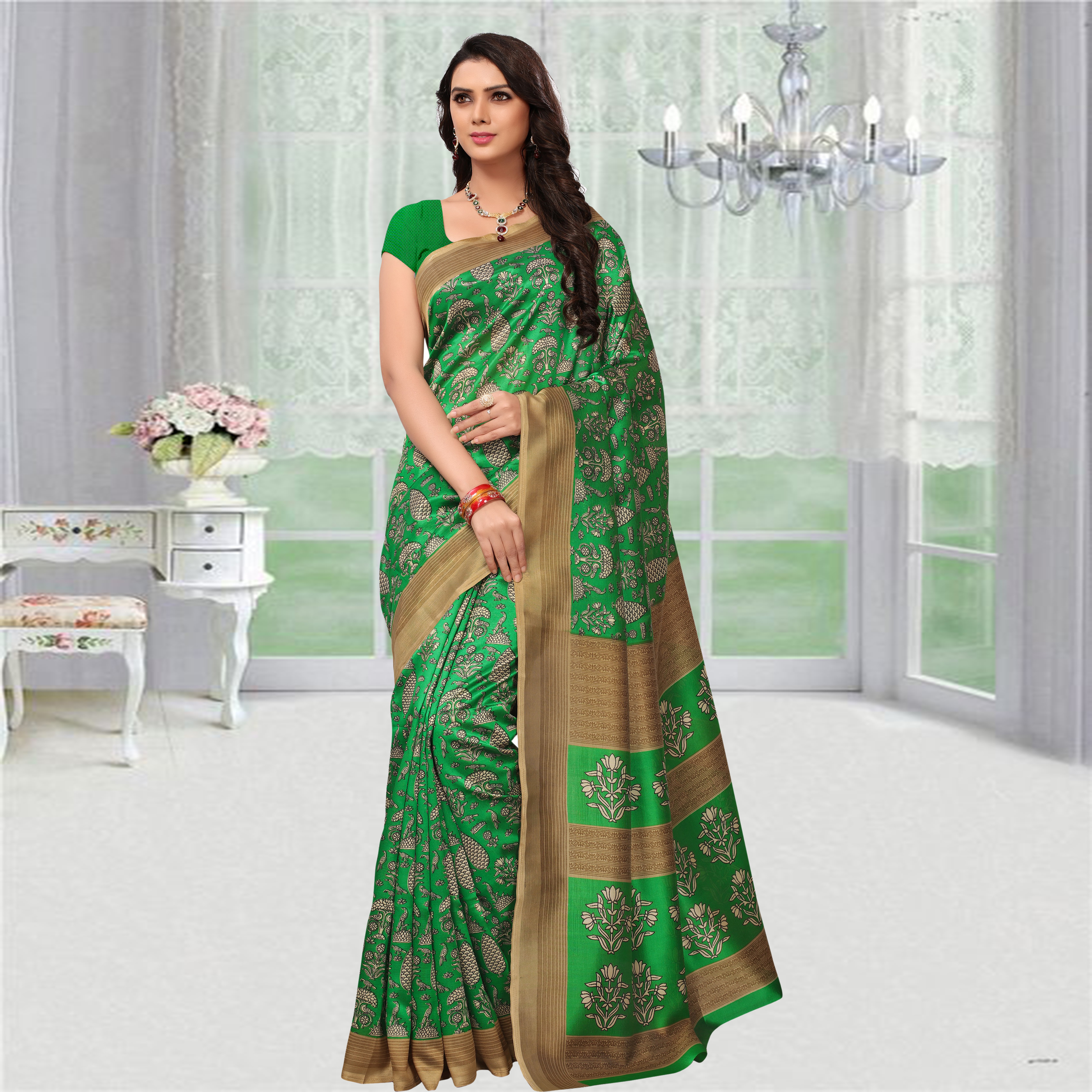 Red And Brown Kalmakari Printed Mysore Silk Saree