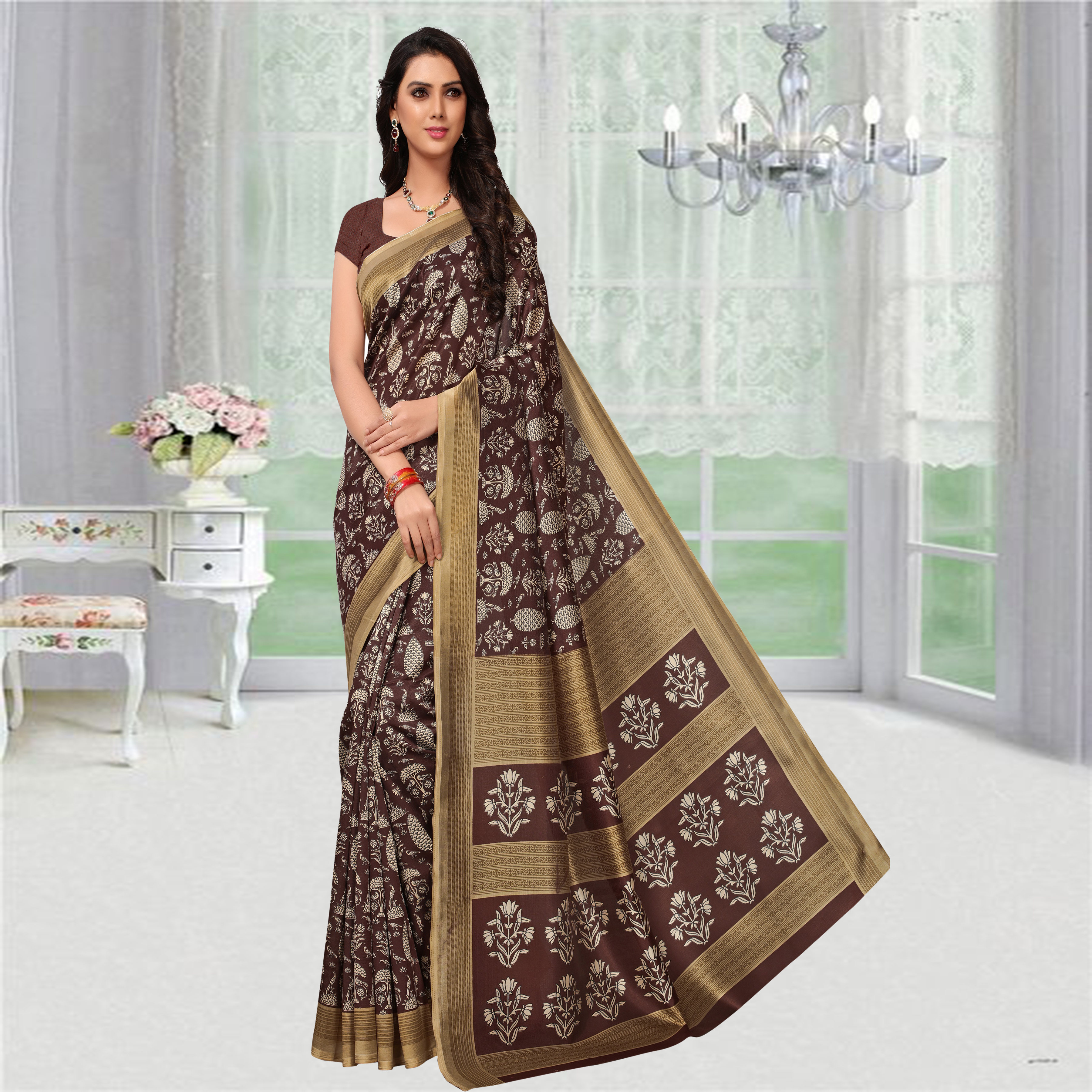 Red And Brown Kalmakari Printed Mysore Silk Saree