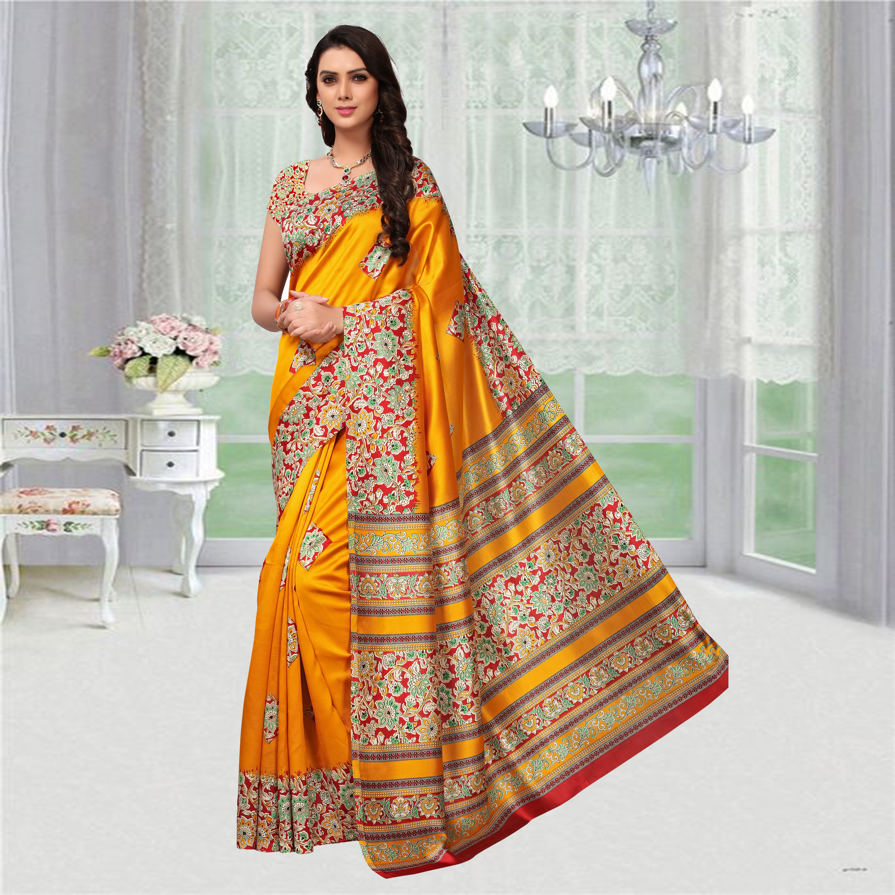 Red And Brown Kalmakari Printed Mysore Silk Saree