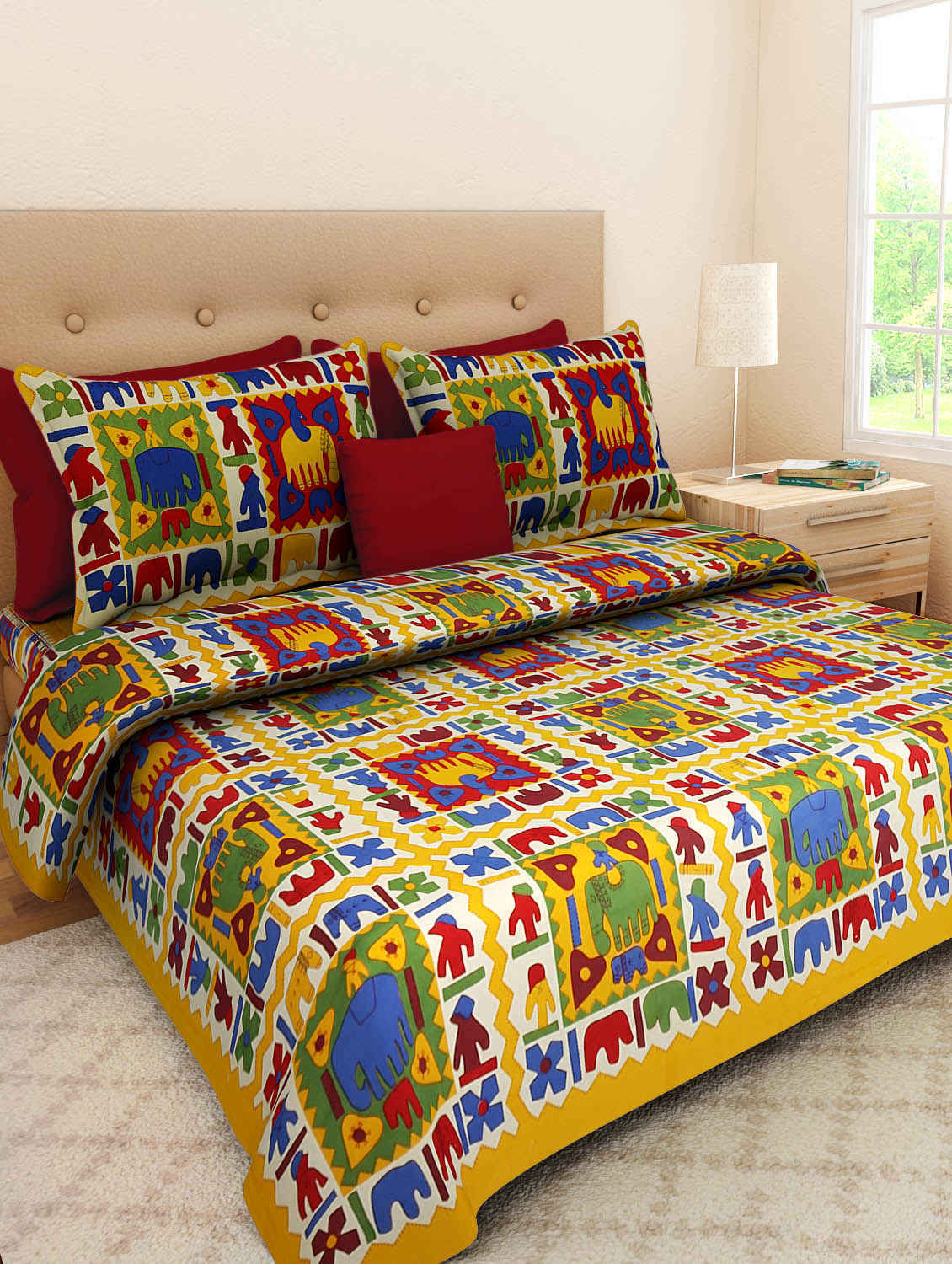 Floral Bedsheet - 100% Cotton, King Size 2286x2743.2mm, Multi Color | Traditional Sanganeri Print, Includes 2 Matching Pillow Covers