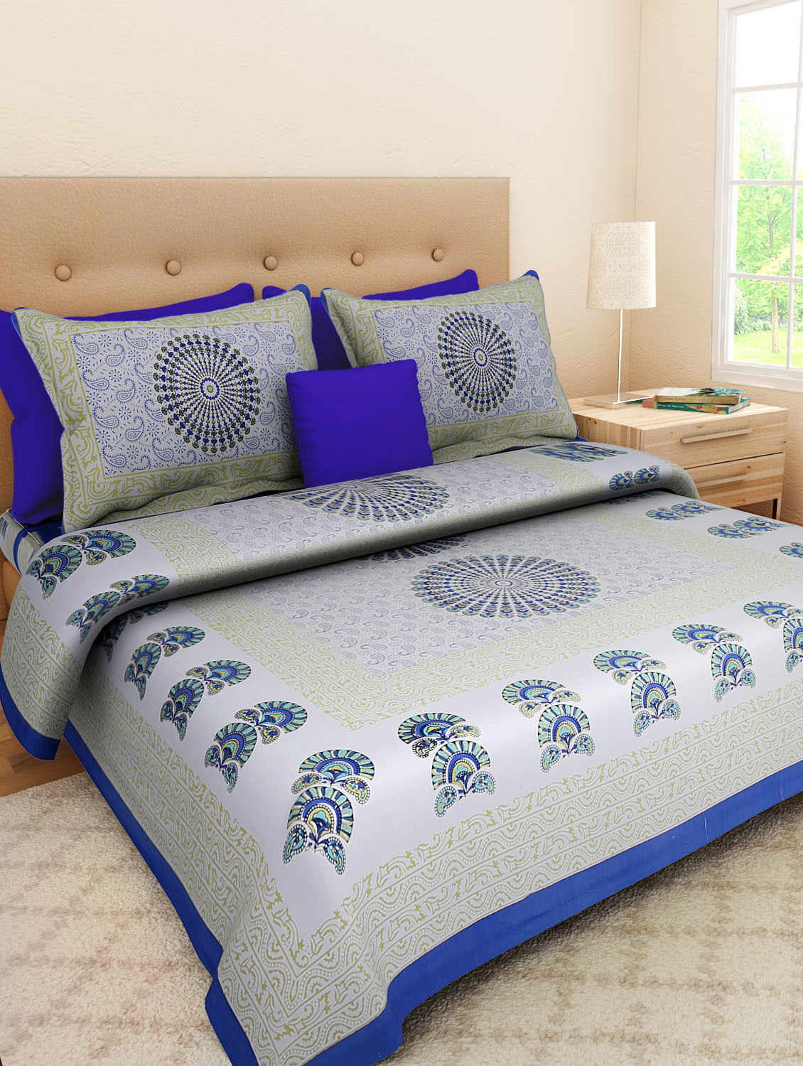 Floral Bedsheet - 100% Cotton, King Size 2286x2743.2mm, Multi Color | Traditional Sanganeri Print, Includes 2 Matching Pillow Covers