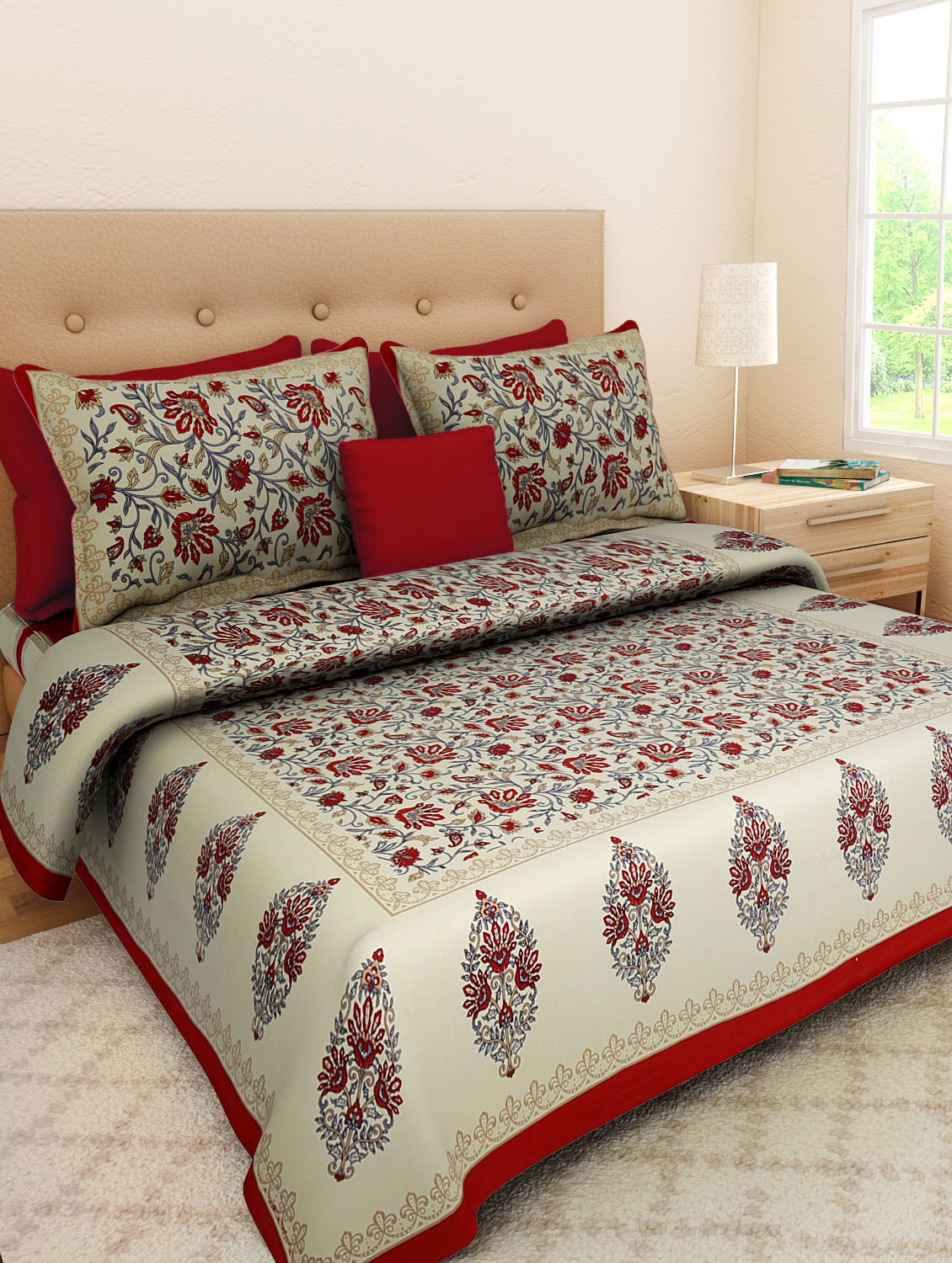 Floral Bedsheet - 100% Cotton, King Size 2286x2743.2mm, Multi Color | Traditional Sanganeri Print, Includes 2 Matching Pillow Covers