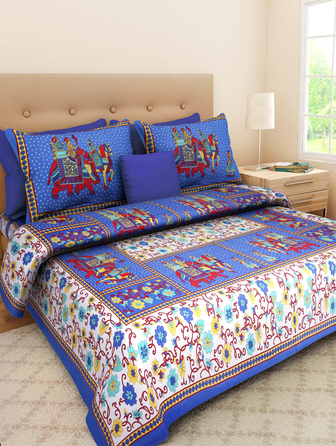 Floral Bedsheet - 100% Cotton, King Size 2286x2743.2mm, Multi Color | Traditional Sanganeri Print, Includes 2 Matching Pillow Covers