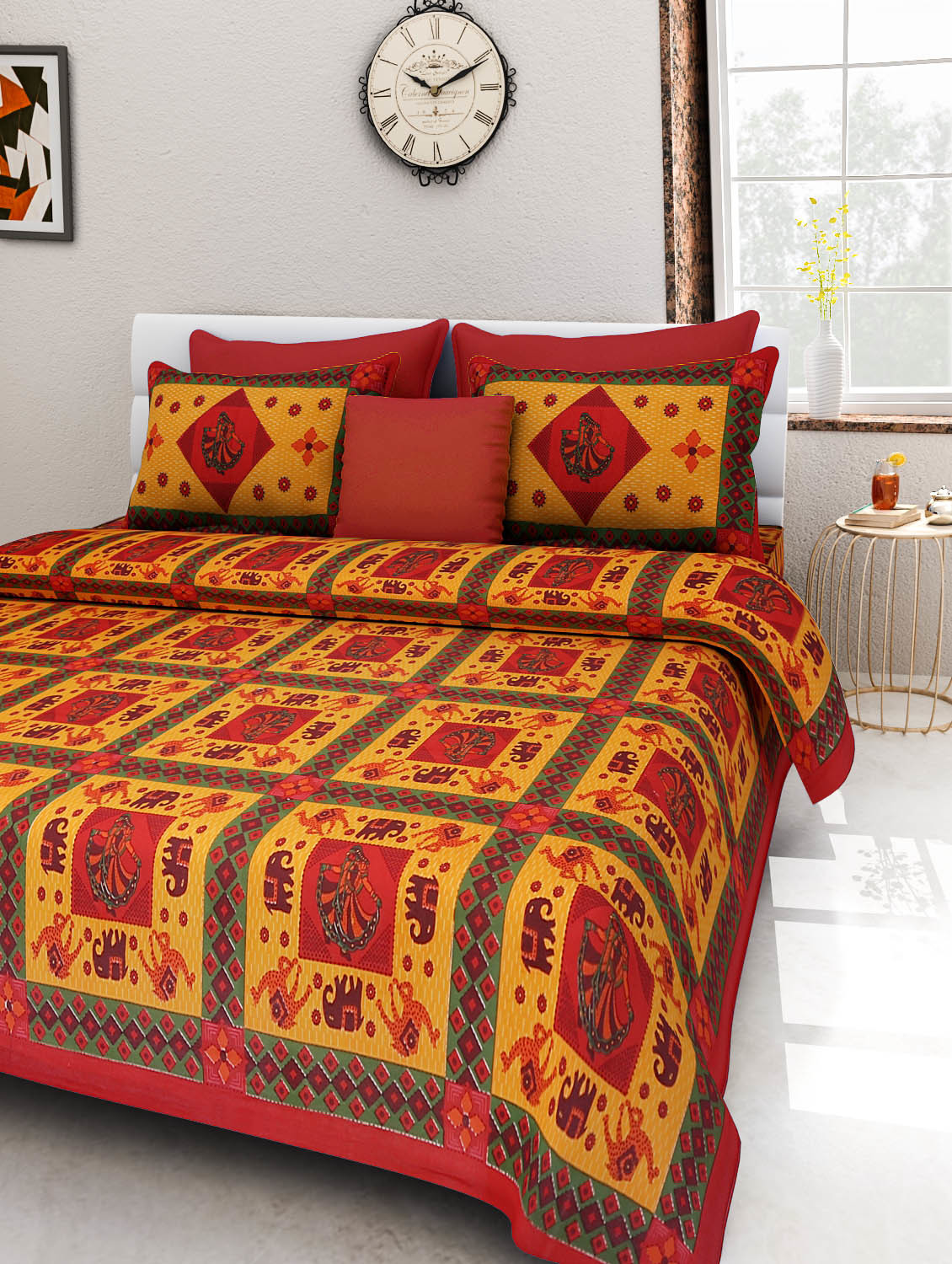 Floral Bedsheet - 100% Cotton, King Size 2286x2743.2mm, Multi Color | Traditional Sanganeri Print, Includes 2 Matching Pillow Covers