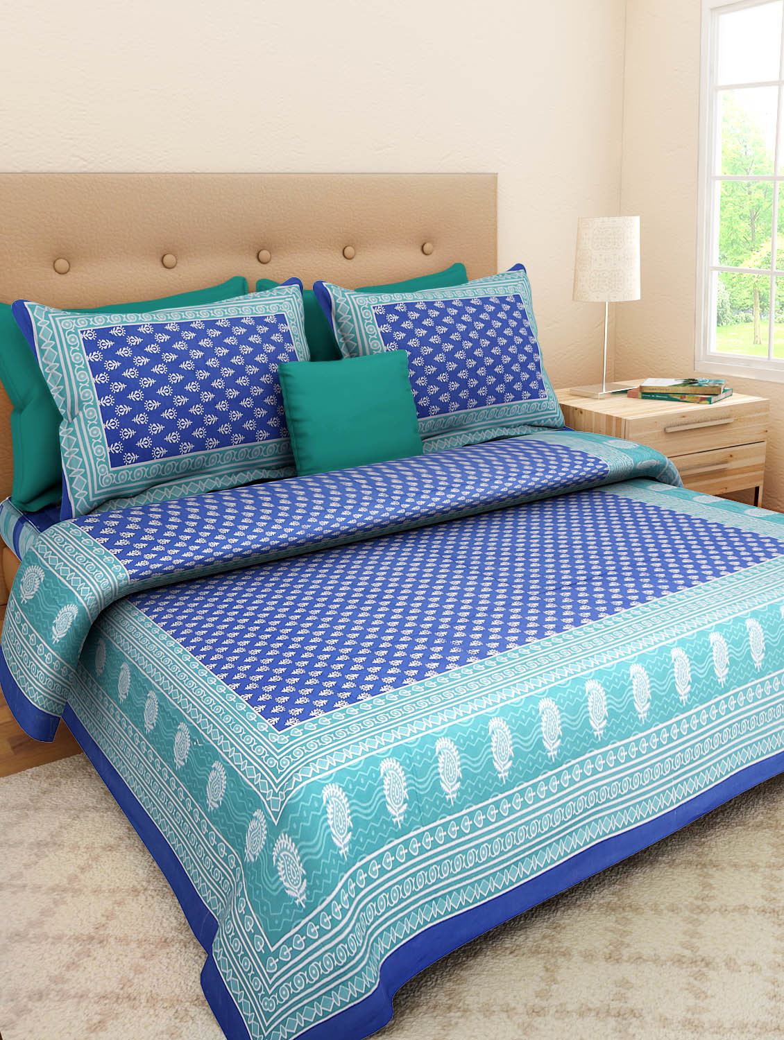 Double Bed Sheet - 100% Cotton, Queen Size 2286x2743mm | Multi Color Traditional Sanganeri Print, Includes 2 Pillow Covers, Washable, No Shrinkage, High Bulk Yarn