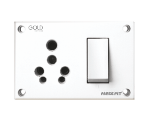 Pressfit Gold 3-in-1 6/16 Amp. Indian Switch Socket Combined - Plastic Material, White Color | 16 Amp Current Rating, Ideal for Home, Office, and Industrial Use