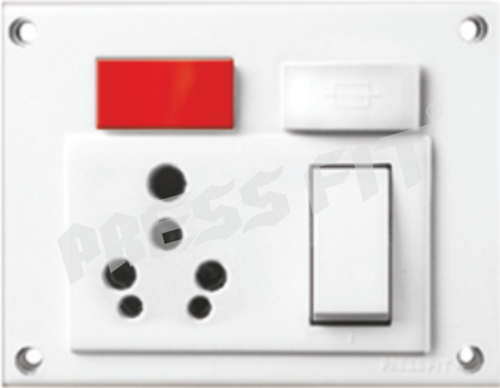 Pressfit Gold 5-in-1 6/16 Amp. Indian Switch Socket Combined - Plastic Material, White Color | Features: KitKat Fuse, Light Indicator, 1 Switch, Junction Box