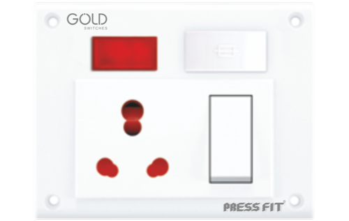 Pressfit Gold 5-in-1 6/16 Amp. Universal Switch Socket Combined - Plastic, White | 3 Pin Socket, Shutter Lock Feature For Safety, Junction Box Available