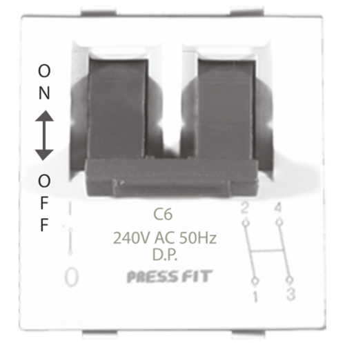 Pressfit Edge Double Pole Modular Mcb Switch - Plastic, 6 Amp, White | Prevents Over Voltage Damage, Essential For Electrical Connections