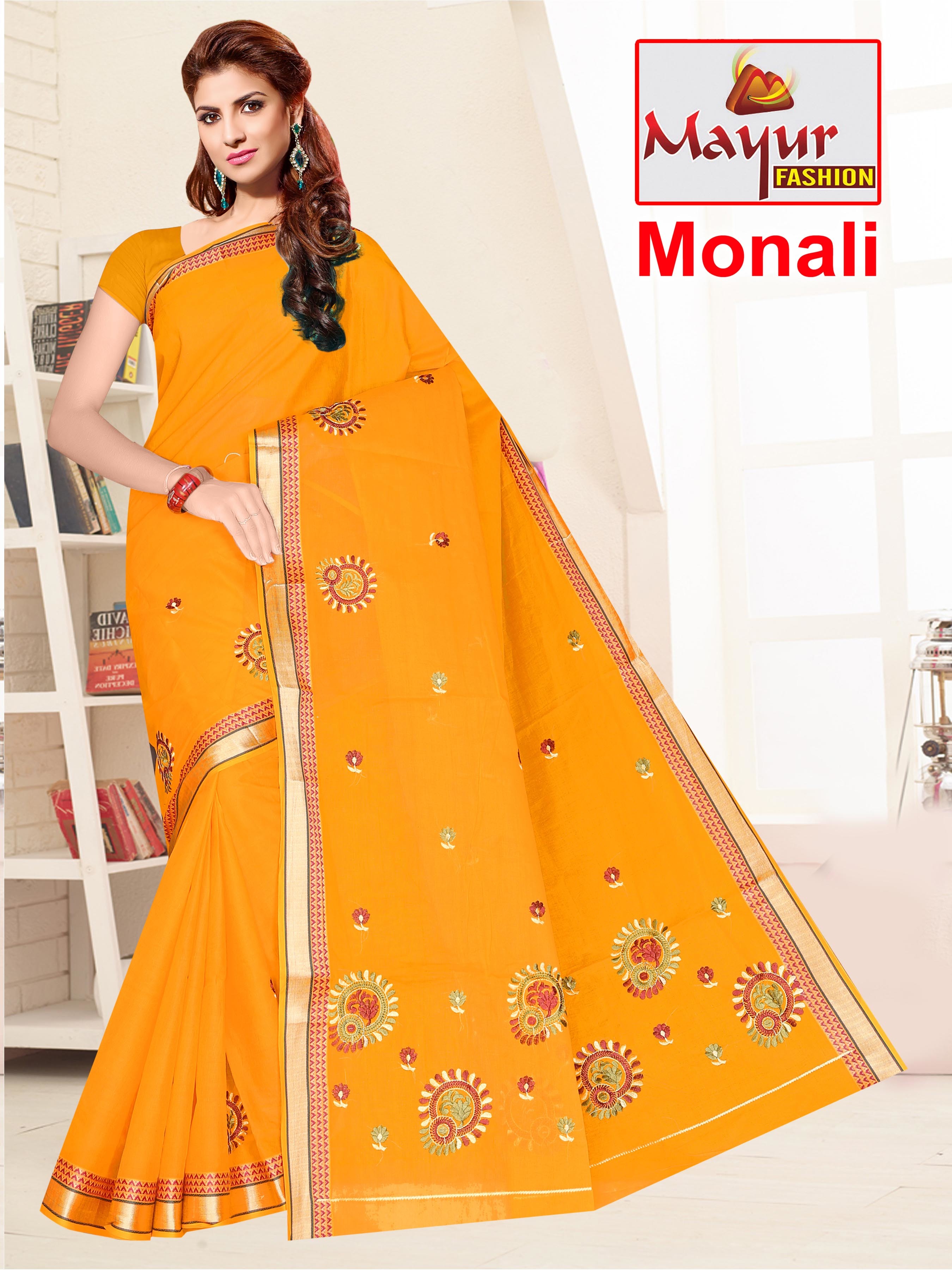 Monali Dyed Work Saree - 100% Pure Cotton 5.50 Meter Length 16 Vibrant Colors - Embroidered Design