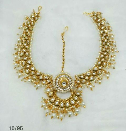 Fancy Maang Tikka - Alloy, Standard Size, Gold Color | Elegant & Traditional, Intricate Bead and Kundan Design, Glossy Finish, Lightweight