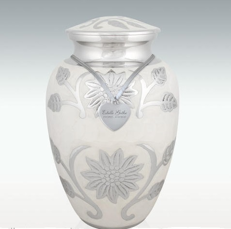 Large Pearl Blossom Brass Cremation Urn - 6-3/4" W X 10-1/4" H, Creamy White & Silver Finish, Secure Top-opening Design
