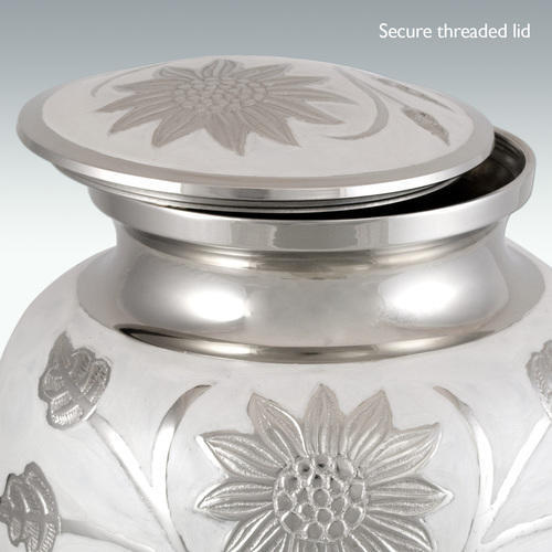 Large Pearl Blossom Brass Cremation Urn - 6-3/4" W X 10-1/4" H, Creamy White & Silver Finish, Secure Top-opening Design