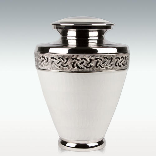 Large Noble Snow Brass Cremation Urn - 7-1/4" W X 10-1/2" H, Genuine Solid Brass Material, Secure Threaded Lid, Elegant White & Silver Finish