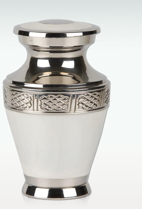 Large Noble Snow Brass Cremation Urn - 7-1/4" W X 10-1/2" H, Genuine Solid Brass Material, Secure Threaded Lid, Elegant White & Silver Finish