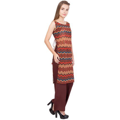 Ladies Kurti - Georgette, 40 Inch Length, Brown | Sleeveless, Printed, Anti-wrinkle, Breathable, No Fade, Quick Dry, Easy Wash