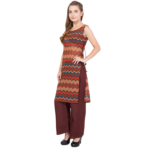 Ladies Kurti - Georgette, 40 Inch Length, Brown | Sleeveless, Printed, Anti-wrinkle, Breathable, No Fade, Quick Dry, Easy Wash