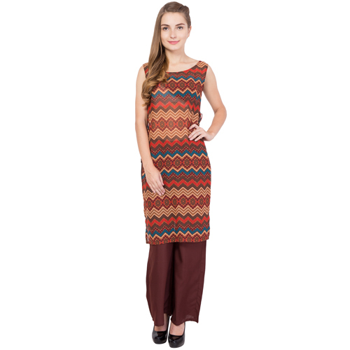 Ladies Kurti - Georgette, 40 Inch Length, Brown | Sleeveless, Printed, Anti-wrinkle, Breathable, No Fade, Quick Dry, Easy Wash