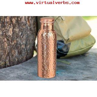 Hammered Copper Bottle - 1000ml, 25cm Height, 8cm Diameter | Cork-shaped Leak-proof Cap, Durable Copper Alloy, Attractive Design, Easy To Clean