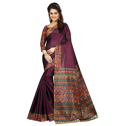 वाइन कलमकारी सिल्क साड़ी