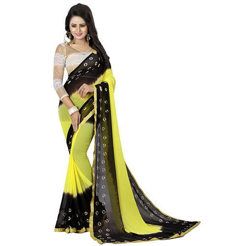 काला पीला बंधनी चिफॉन साड़ी