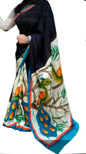 हाथ मुद्रित कढ़ाई साड़ी