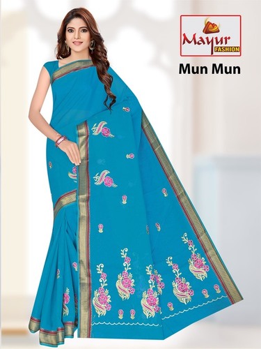 Mun Mun Dyed Work Saree - 100% Pure Cotton, 5.50 Meter Length, 16 Color Options, Embroidered Pattern